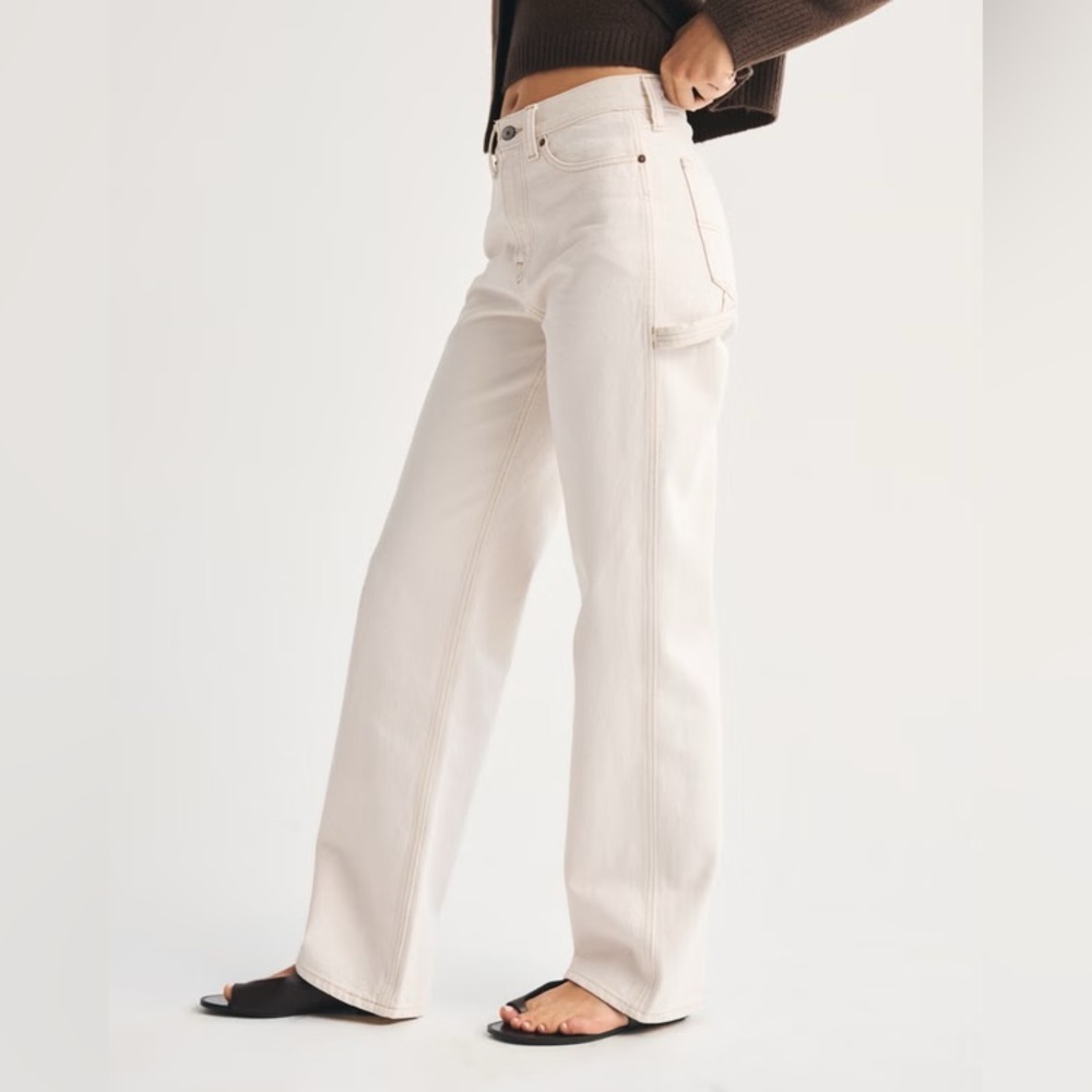 Abercrombie & Fitch Women's Ecru Carpenter Slouchy Mid Rise Jeans 32 - Picture 1 of 11